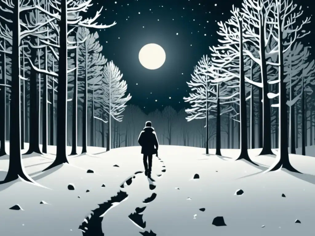 Escena de un bosque nevado de noche con una figura solitaria caminando, huellas desvaneciéndose