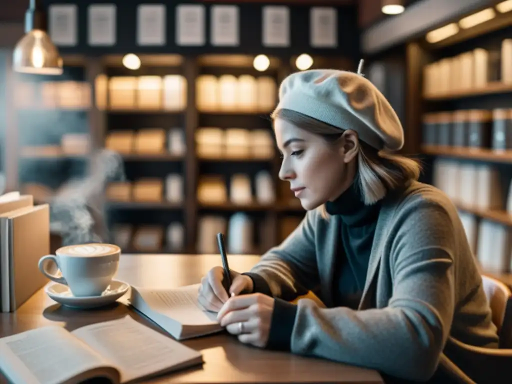 Escena creativa en cafetería: soledad, libros y café Escena de café de la Generación Beat poesía siglo XX: figura solitaria escribiendo rodeada de libros y papeles en una atmósfera de intensa creatividad