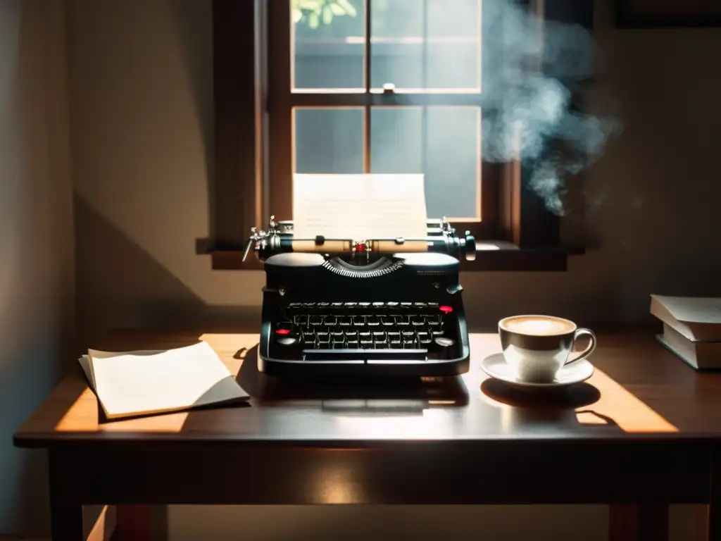 Escena de un cuarto con luz tenue, un escritorio con una máquina de escribir, hojas de papel y una taza de café humeante