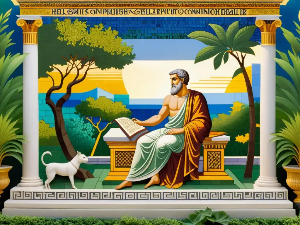 Escena detallada de mosaico de Calímaco componiendo versos en un patio soleado, rodeado de exuberante vegetación y arquitectura de mármol