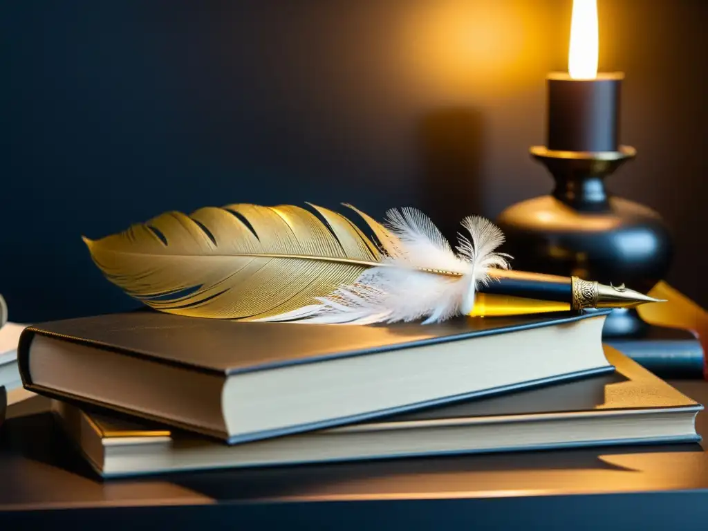 Una escena elegante y atemporal con una pluma y libros vintage sobre un escritorio negro mate