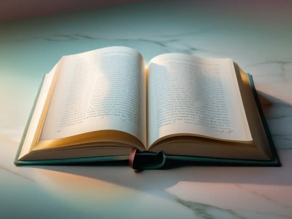 Una escena etérea donde un libro abierto muestra la inmortalidad de Romeo y Julieta en caligrafía, bañado en luz suave y elegante