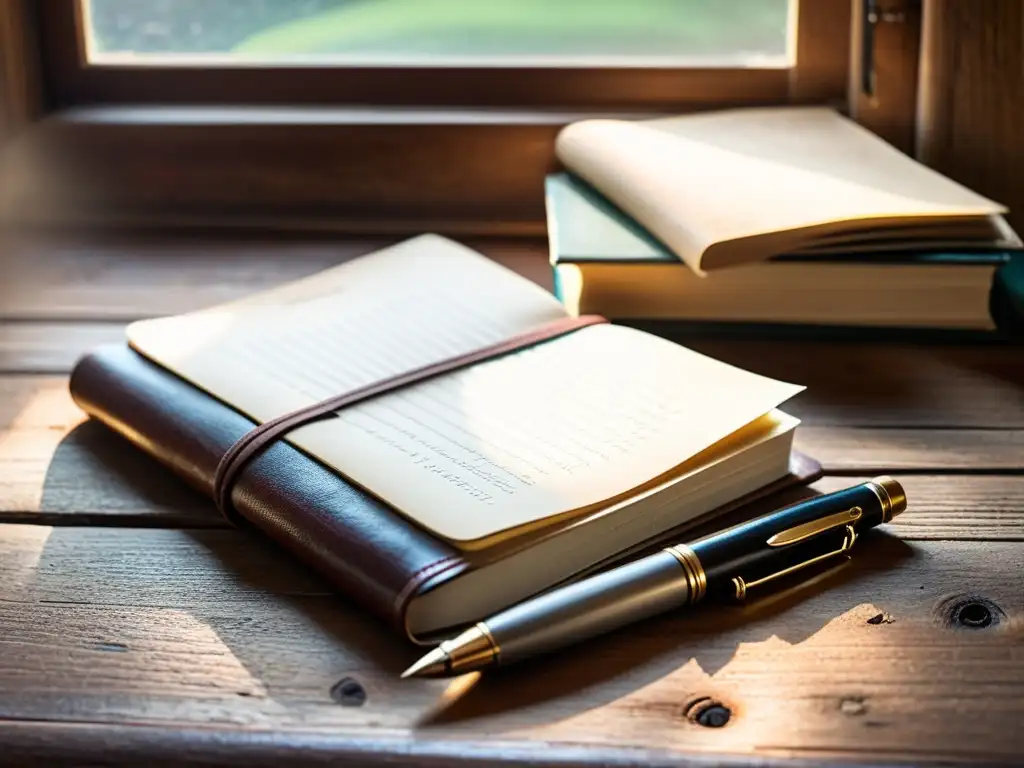 Cuaderno de cuero con notas y sketches, junto a pluma y gafas Una escena evocadora de un cuaderno de cuero desgastado, lleno de notas manuscritas y bocetos, junto a una pluma vintage y gafas