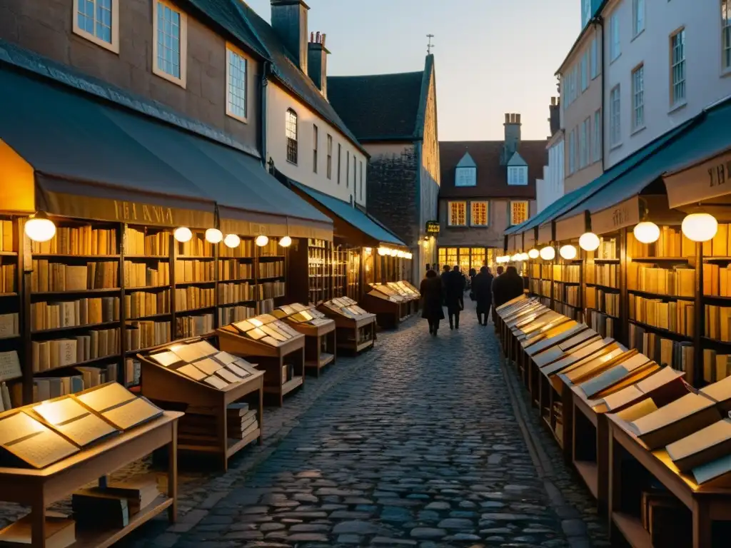 Escena evocadora de la Feria del Libro Antiguo y de Ocasión Historias: calles empedradas iluminadas, puestos de libros antiguos y visitantes curiosos