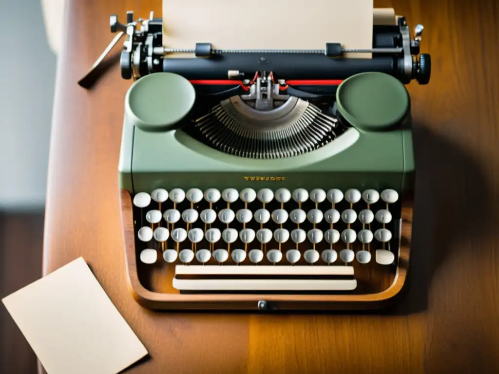 Una escena evocadora de una máquina de escribir vintage sobre un escritorio de madera, bañada en luz suave