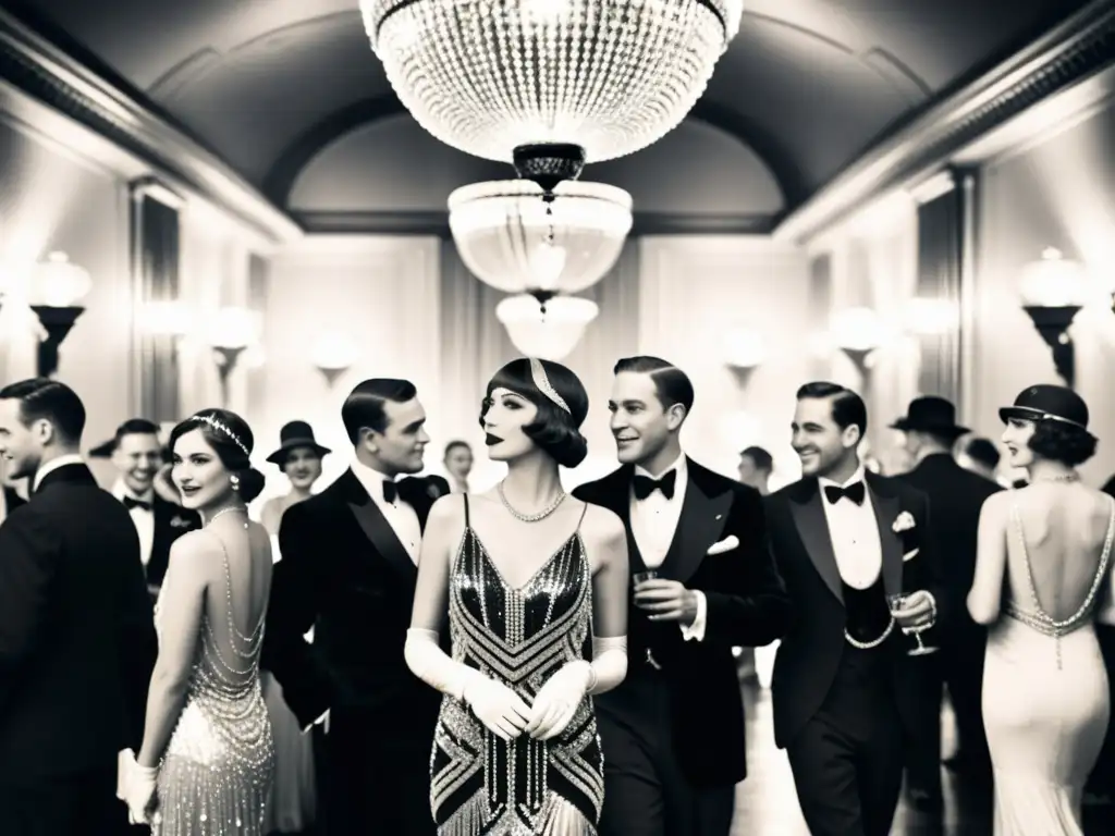 Escena de fiesta de los años 20 con elegantes hombres y mujeres en vestimenta de la época, evocando el glamour y decadencia de El Gran Gatsby