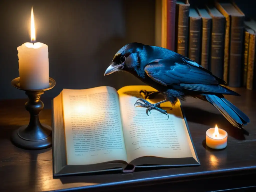 Escena gótica con la poesía de Edgar Allan Poe Escena gótica con libros de Edgar Allan Poe iluminados por vela