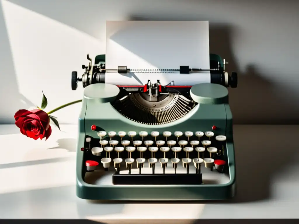 Una escena minimalista con una antigua máquina de escribir, una rosa roja y luz natural, ideal para técnicas literarias para blogs de escritores