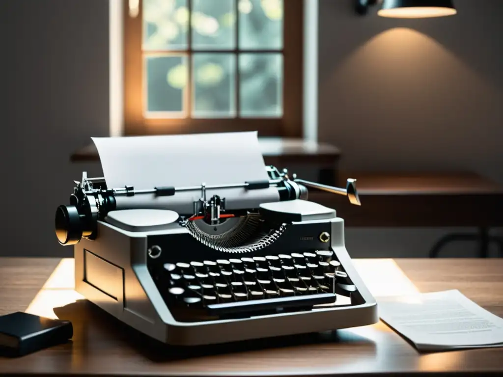 Una escena minimalista en blanco y negro con una máquina de escribir sobre un escritorio de madera, bañada por un suave rayo de luz