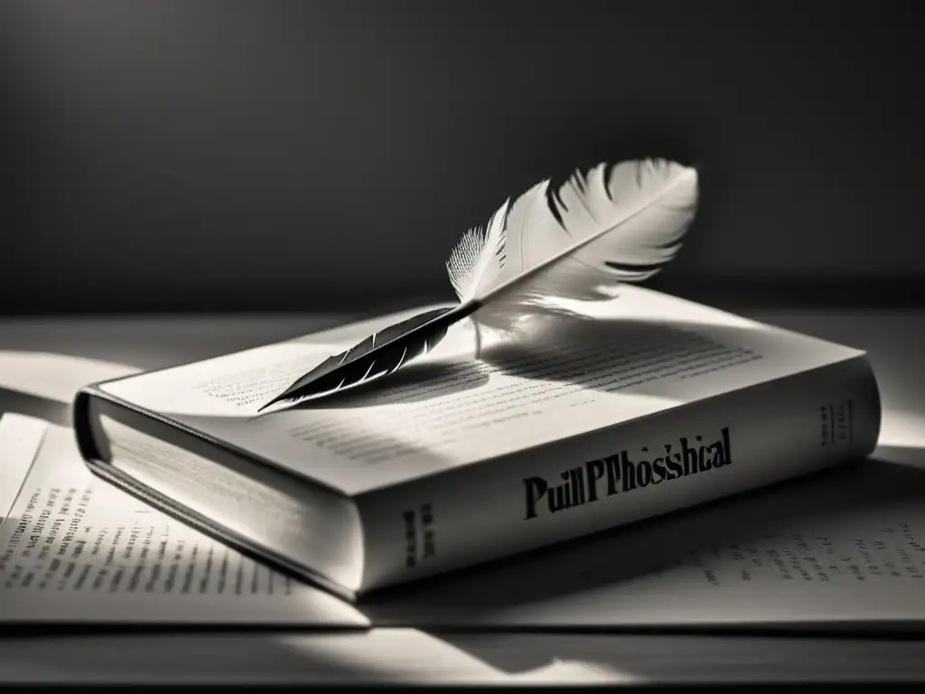 Una escena minimalista en blanco y negro con una pluma descansando sobre libros filosóficos, iluminada suavemente