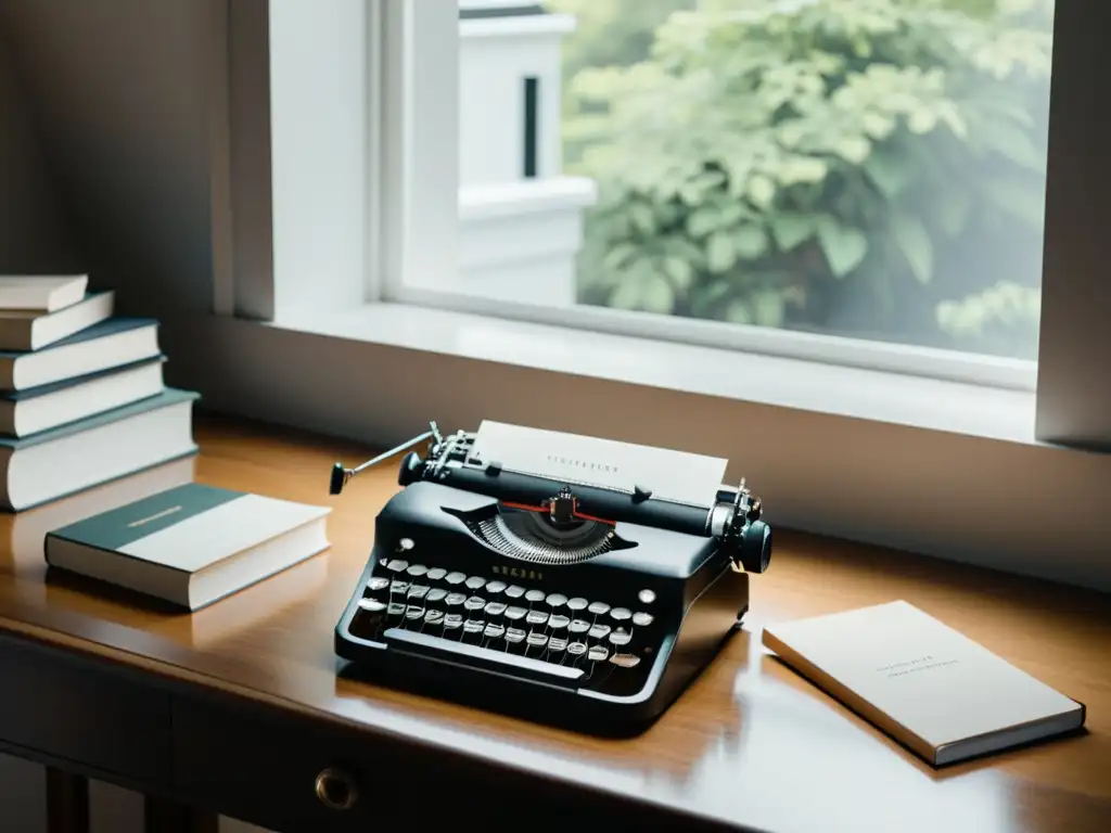 Escena minimalista en blanco y negro con una antigua máquina de escribir y libros de poesía de Anne Sexton