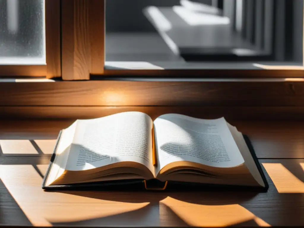 Una escena minimalista en blanco y negro de un libro abierto sobre una mesa de madera, iluminado por la luz del sol que fluye a través de la ventana