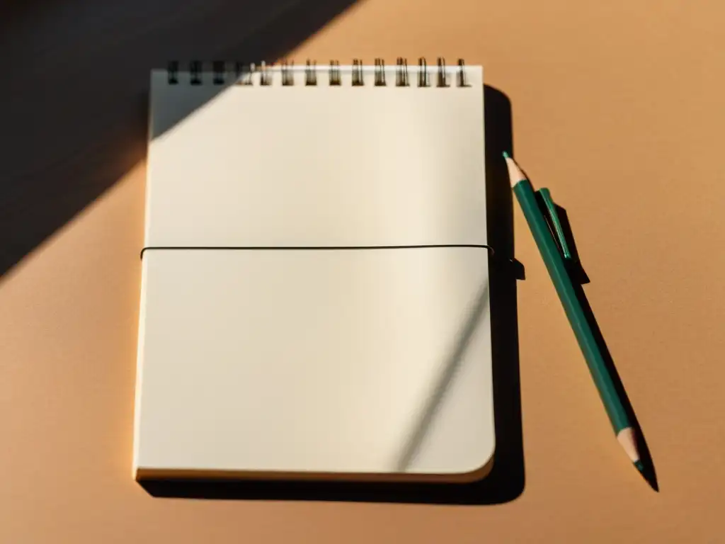 Una escena minimalista de un cuaderno en blanco con un lápiz reposando, en una suave luz natural