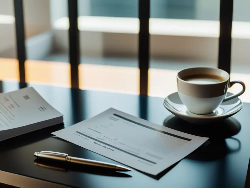 Escena minimalista de un elegante escritorio con facturas de consultoría literaria organizadas junto a una pluma y una taza de café