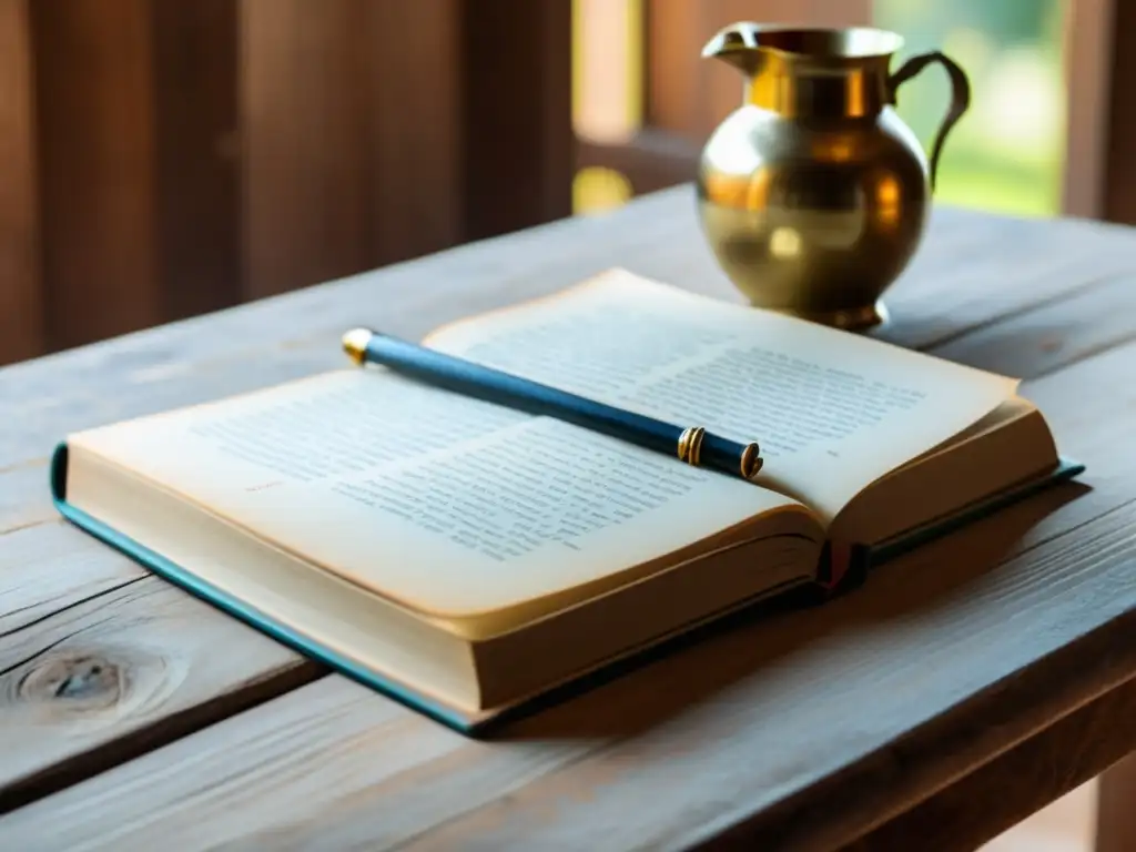 Reliquia literaria: Don Quijote en su esplendor Una escena minimalista y evocadora de 'Don Quijote' en una mesa de madera, iluminada por luz natural, con pétalos secos