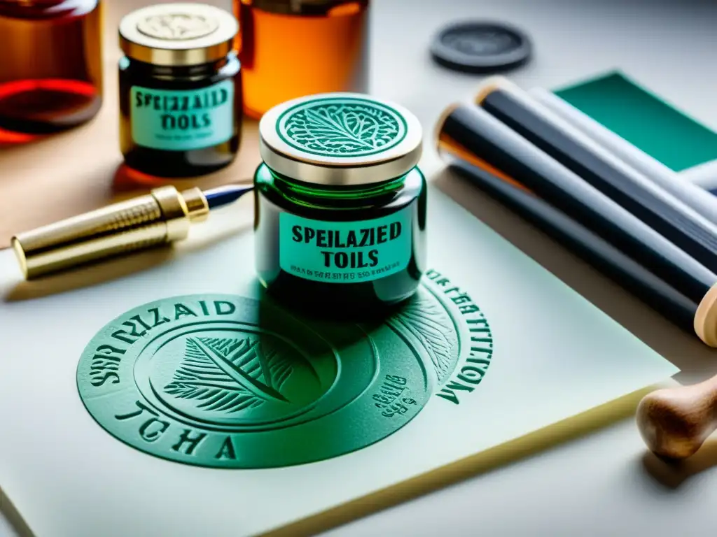 Arte de Exlibris: Herramientas de Grabado Una escena minimalista de herramientas de grabado artístico para personalizar bibliotecas con sellos, capturando precisión y creatividad