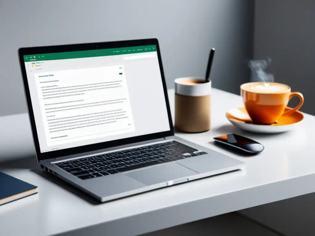 Escena minimalista de laptop, café y bloc de notas en un escritorio blanco
