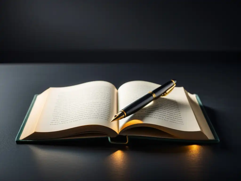 Una escena minimalista de un libro de poesía contemporánea abierto en una página en blanco, con una pluma vintage descansando sobre él