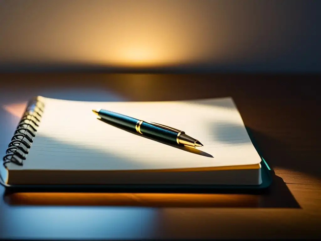 Una escena minimalista con una pluma sobre un cuaderno, iluminada por una lámpara de escritorio