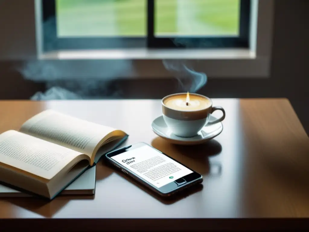 Una escena minimalista con un smartphone mostrando una app de lectura y una taza de café, creando un ambiente acogedor