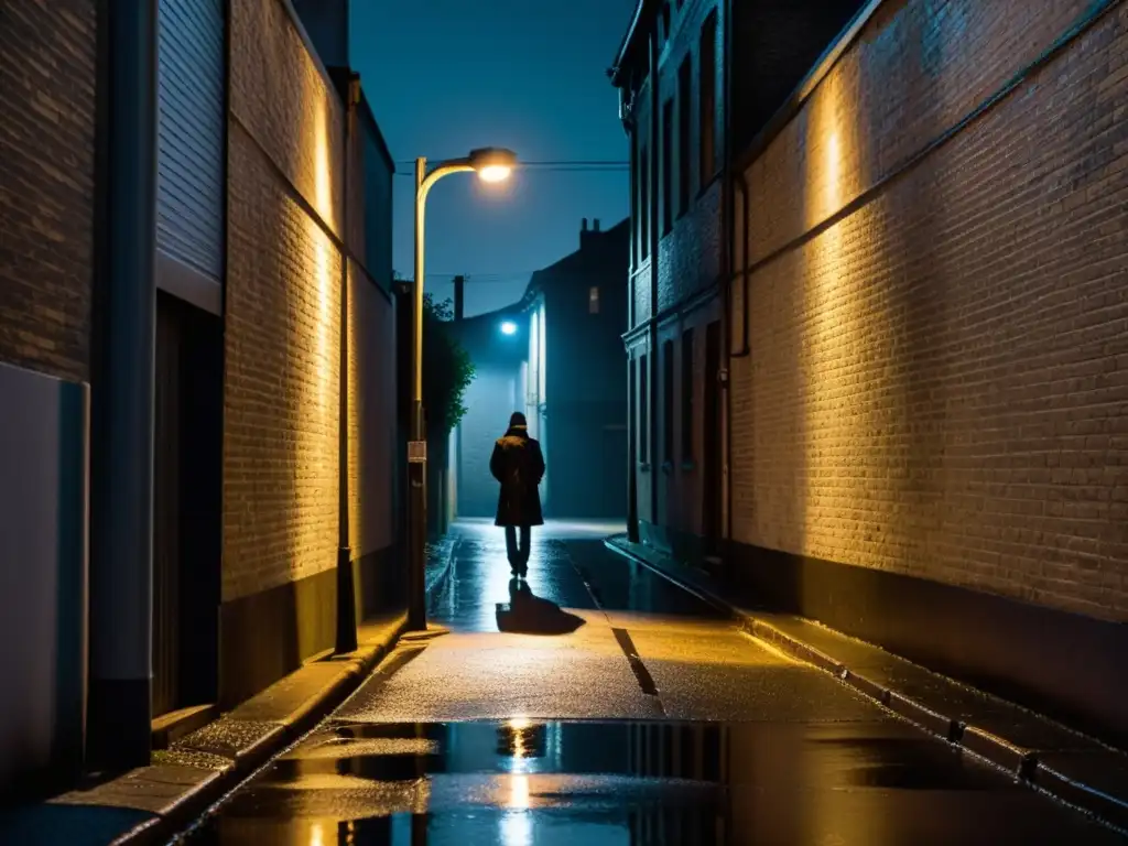 Escena nocturna en callejón solitario con figura misteriosa caminando