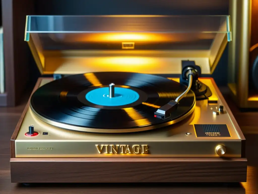 Una escena nostálgica y acogedora: Vinilos con lecturas literatura en un tocadiscos vintage junto a títulos clásicos en dorado