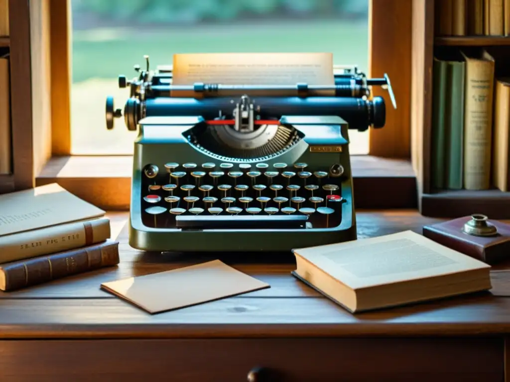 Una escena nostálgica de un escritorio vintage con una máquina de escribir rodeada de libros y papeles, bañada por la suave luz de la tarde