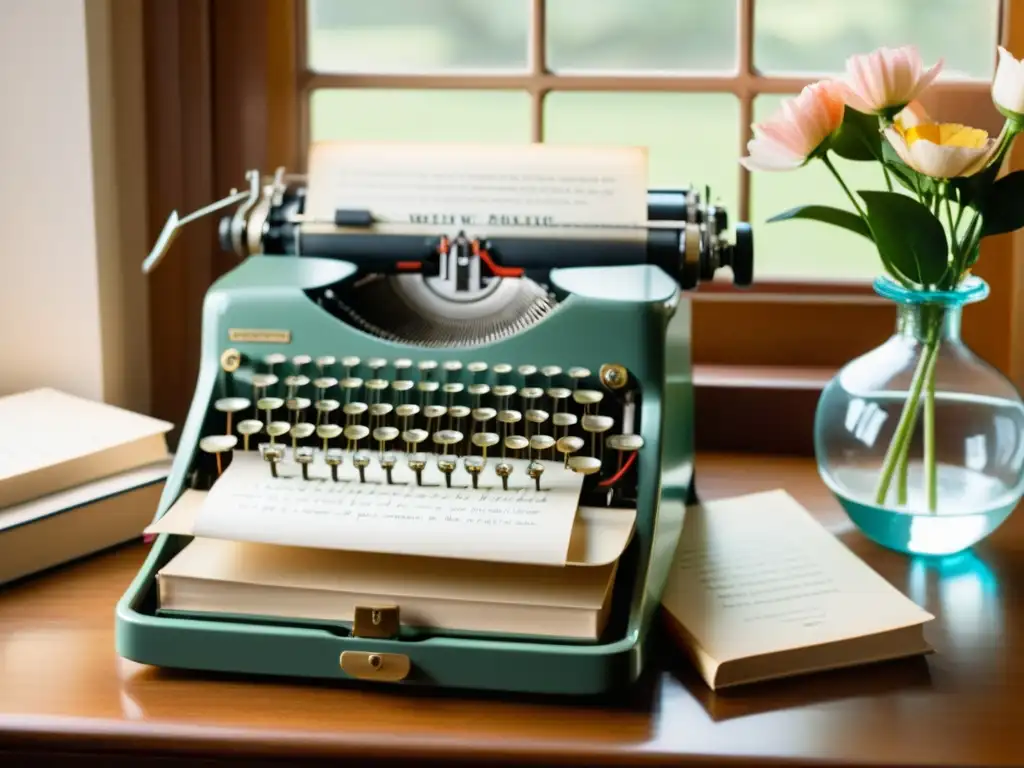 Una escena de perfección estética, con una máquina de escribir vintage rodeada de libros de poesía y bañada en cálida luz natural