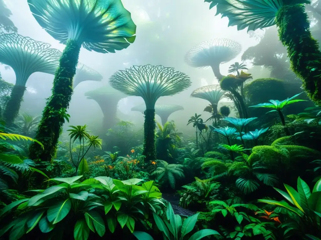 Escena de realismo mágico en Las Metamorfosis con exuberante selva tropical, flora y fauna vibrante y surrealista, cascada mistica