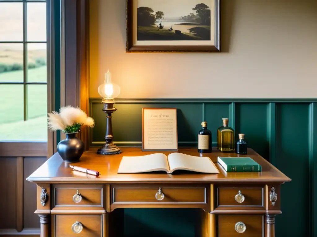 Una escena serena con una antigua escritorio iluminado por luz natural, rodeado de instrumentos de escritura vintage y una copia abierta de 'Jane Eyre