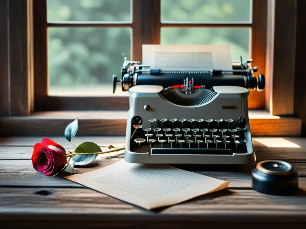 Una escena serena y contemplativa de una antigua máquina de escribir, papel disperso y una sola rosa roja