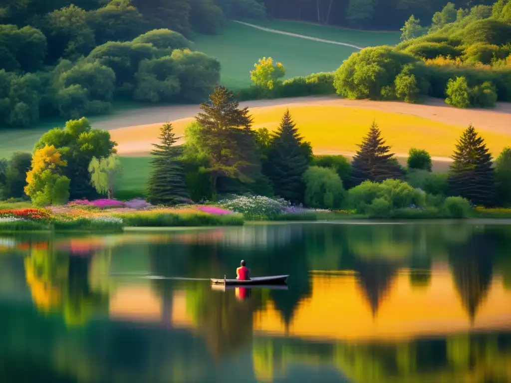 Una escena serena junto al lago, con naturaleza exuberante y un ambiente contemplativo