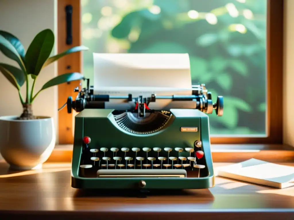 Una escena serena de una máquina de escribir vintage en un escritorio de madera, bañada por luz natural