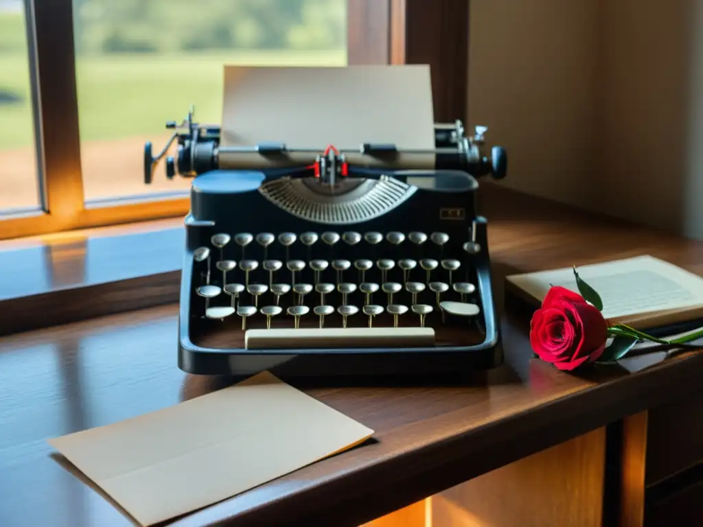 Una escena serena con una máquina de escribir vintage sobre un escritorio de madera, con una hoja en blanco y una rosa roja