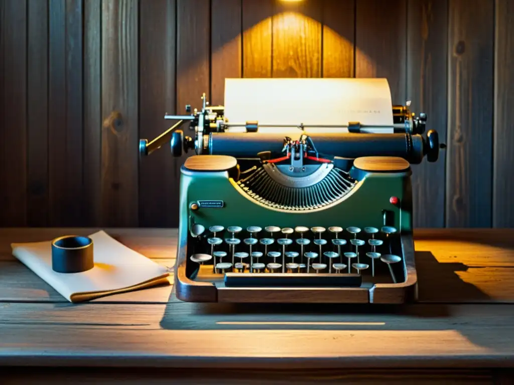 Una escena serena y minimalista de una antigua máquina de escribir sobre un escritorio de madera envejecida, iluminada por un rayo de sol