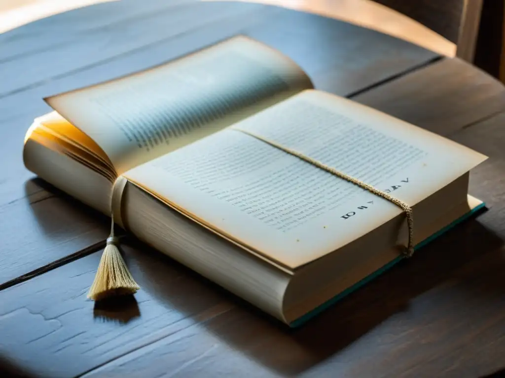 Una escena serena de realismo literario en Madame Bovary con el libro desgastado sobre una mesa de madera, iluminado por la suave luz de la mañana