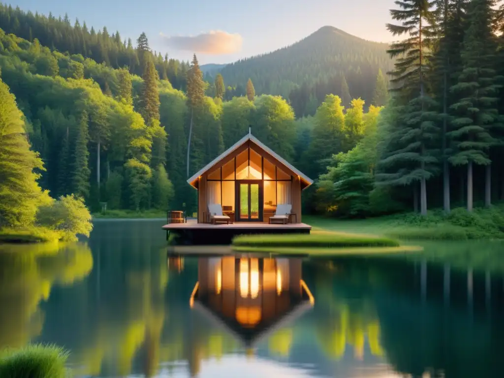 Escena serena de retiros de escritura en cabaña rodeada de naturaleza exuberante y lago tranquilo al atardecer