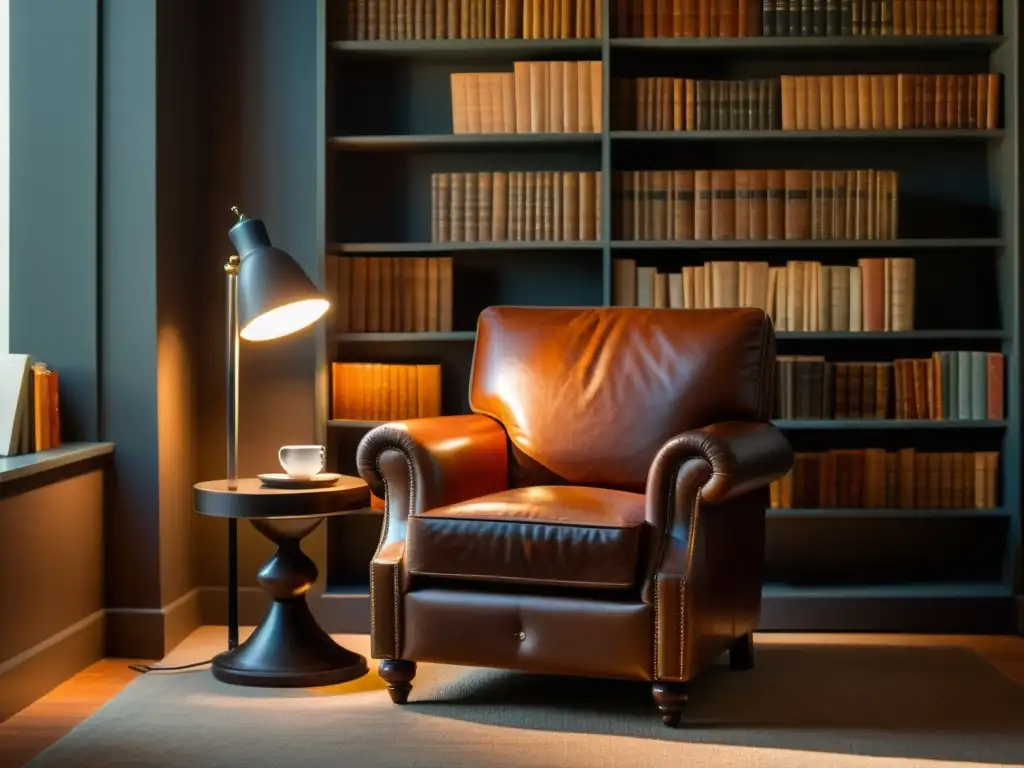 Escena serena de un sillón de cuero frente a una estantería llena de clásicos, iluminada por una lámpara de lectura