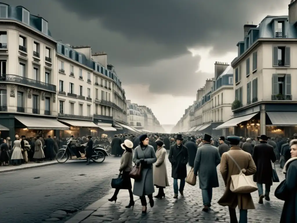 Escena sombría de una calle abarrotada del París del siglo XIX, inspirada en el realismo social de Victor Hugo