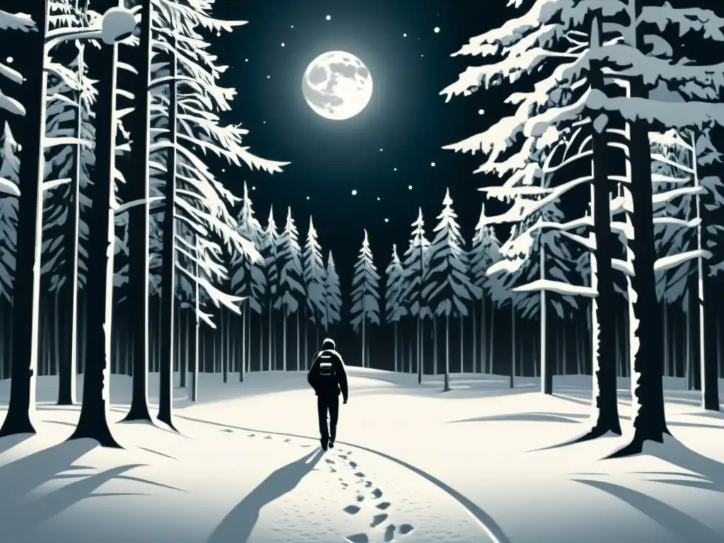 Escena de suspense en un bosque nevado de noche, con la luna brillando sobre un personaje solitario