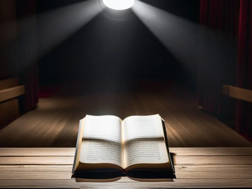 Escena teatral en blanco y negro con un único foco iluminando un guion sobre una mesa de madera, destacando la importancia del texto en teatro