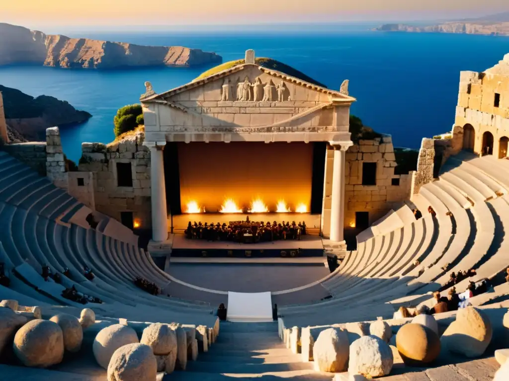Escena teatral griega con máscaras de tragedia y comedia esculpidas en las paredes de piedra