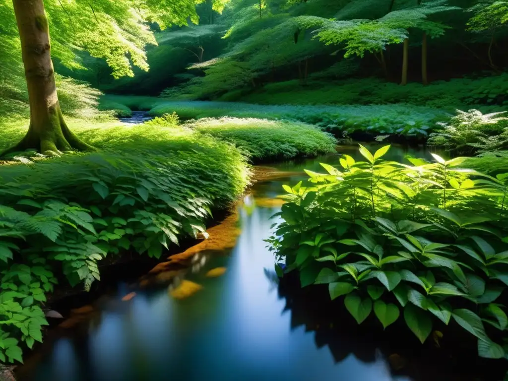 Escena tranquila en el bosque con luz solar filtrándose entre el follaje denso