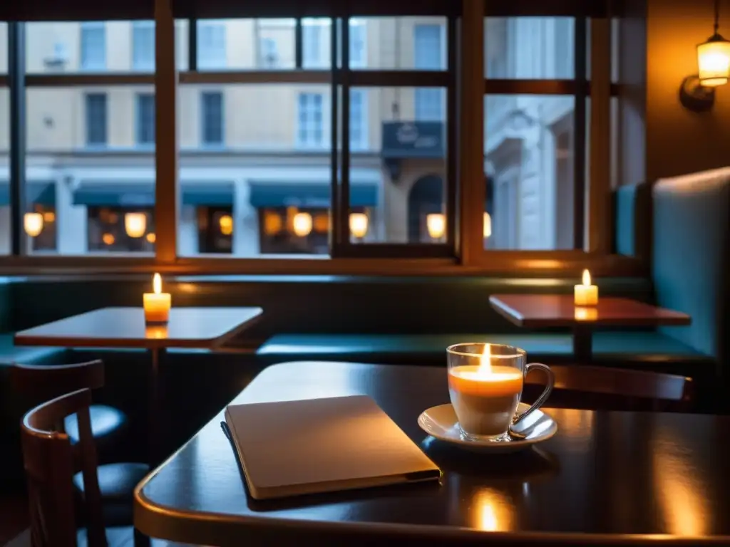 Escena tranquila en un café iluminado por una vela, con una taza de café y un cuaderno