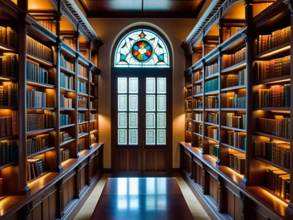 Escena tranquila y erudita en una biblioteca renacentista con estantes altos de libros encuadernados en cuero y tallados de madera