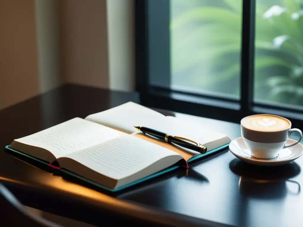 Escena tranquila con escritorio moderno, cuaderno de piel, pluma y café