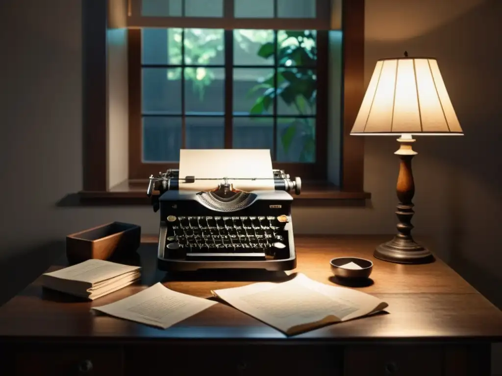 Escena tranquila en una habitación con una vieja máquina de escribir rodeada de hojas arrugadas