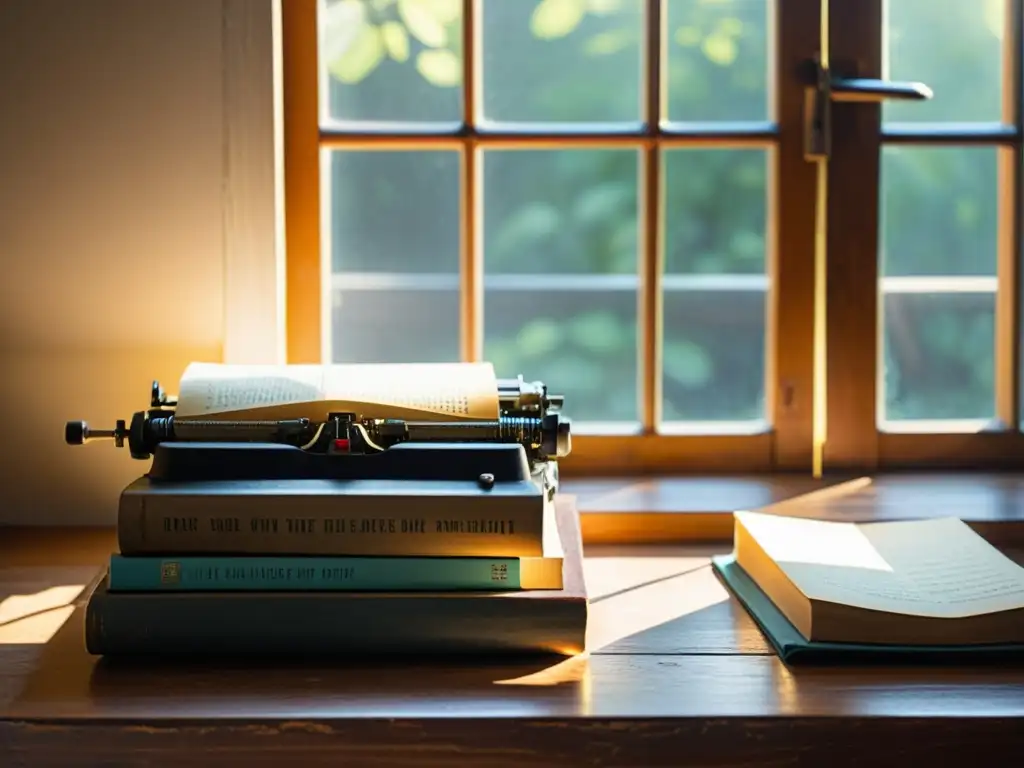 Una escena tranquila de libros antiguos y una máquina de escribir vintage en una mesa de madera