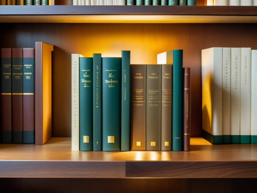 Escena tranquila con libros de literatura del siglo de oro español en estantería minimalista, iluminados por luz cálida