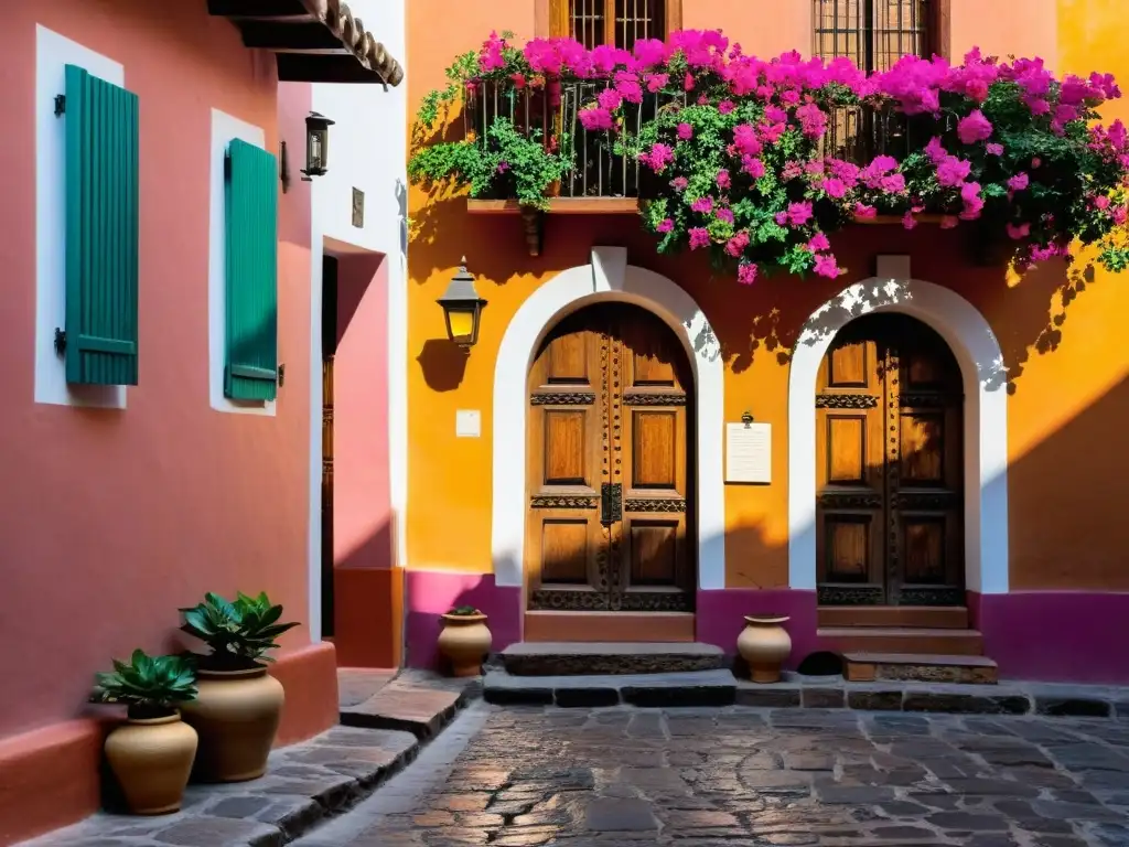 Escena tranquila en San Miguel de Allende con bougainvillea vibrante y arquitectura colonial, perfecta para el Festival de Escritores San Miguel